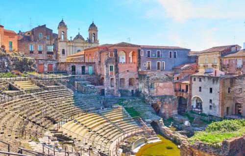 Cityscape of Catania with ancient Roman theater, Sicily, Italy