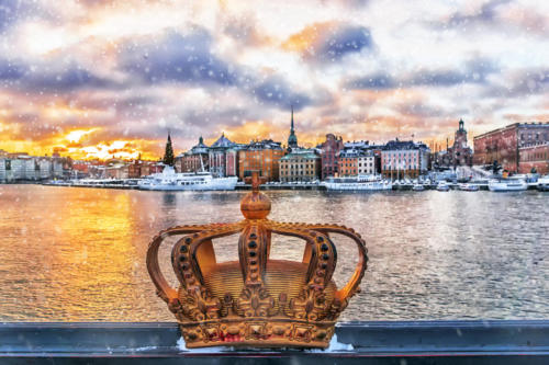 panorama of winter Stockholm at sunset, Sweden