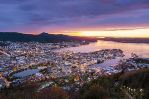 Beautiful view of Bergen city at twilight